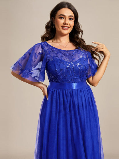 Sparkling Evening Gown with Frill Sleeves and Waistband Detail