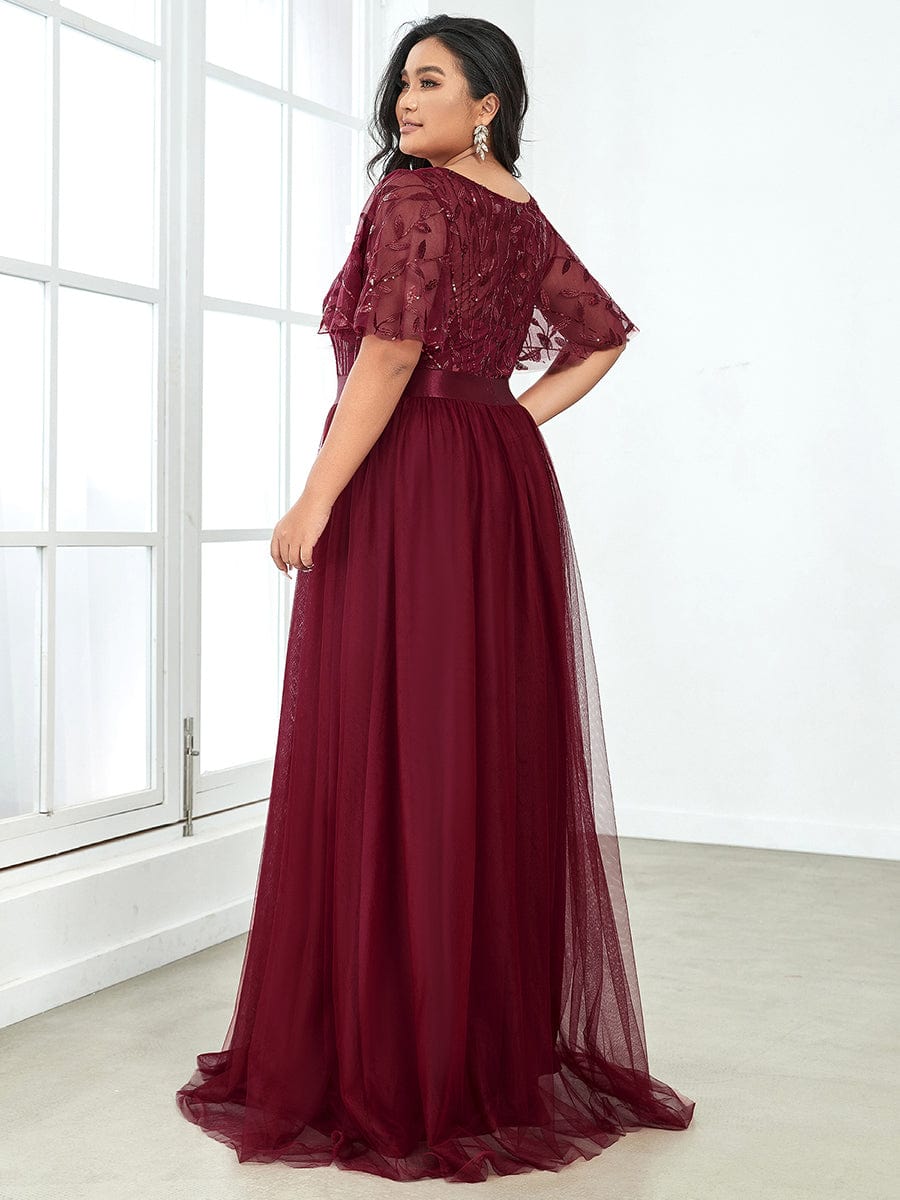 Sparkling Evening Gown with Frill Sleeves and Waistband Detail