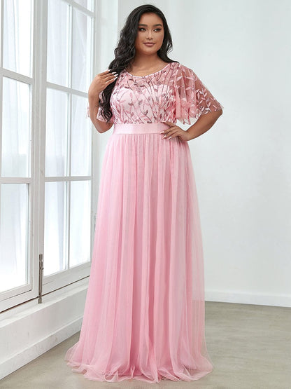 Sparkling Evening Gown with Frill Sleeves and Waistband Detail