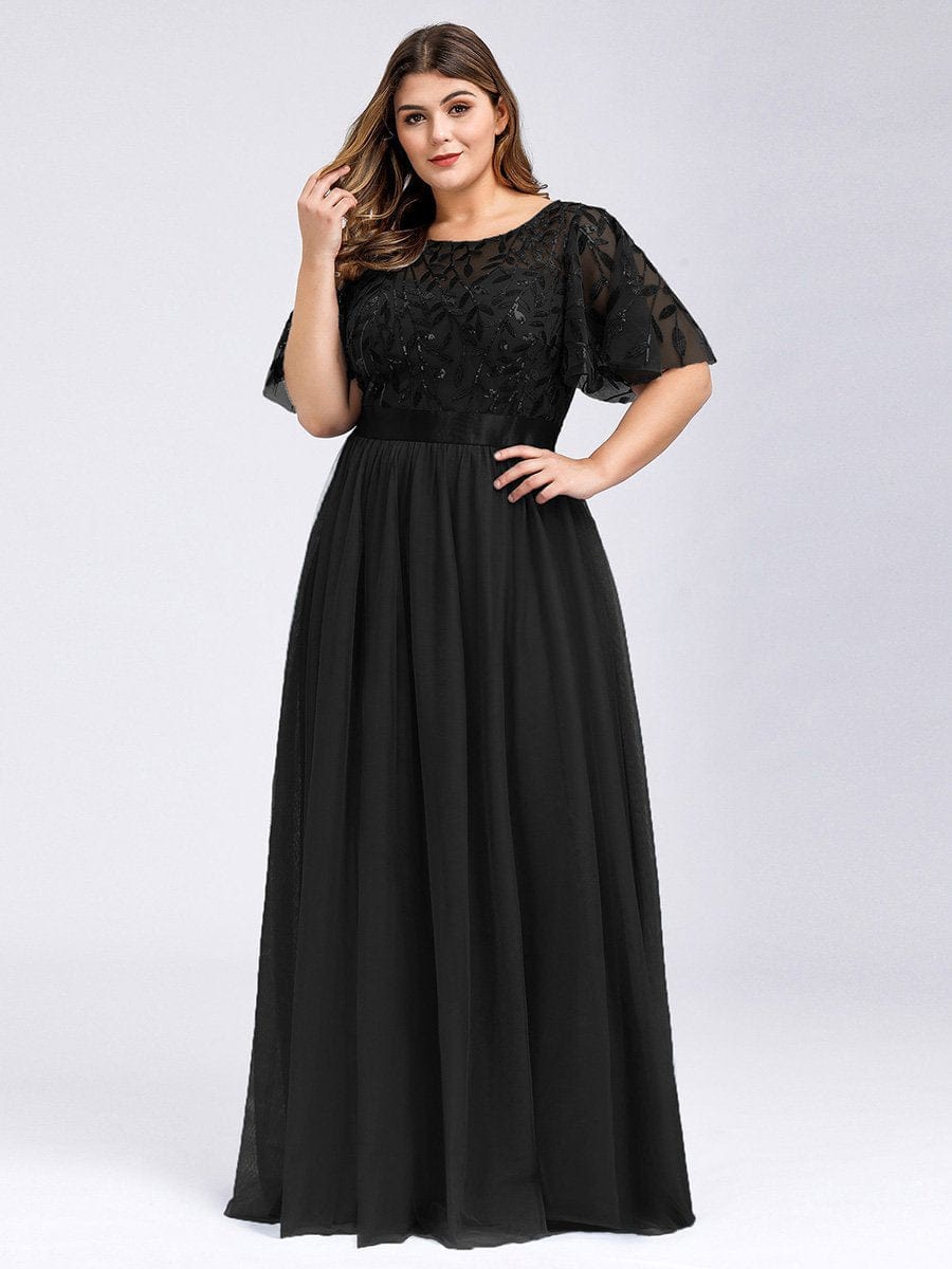 Sparkling Evening Gown with Frill Sleeves and Waistband Detail