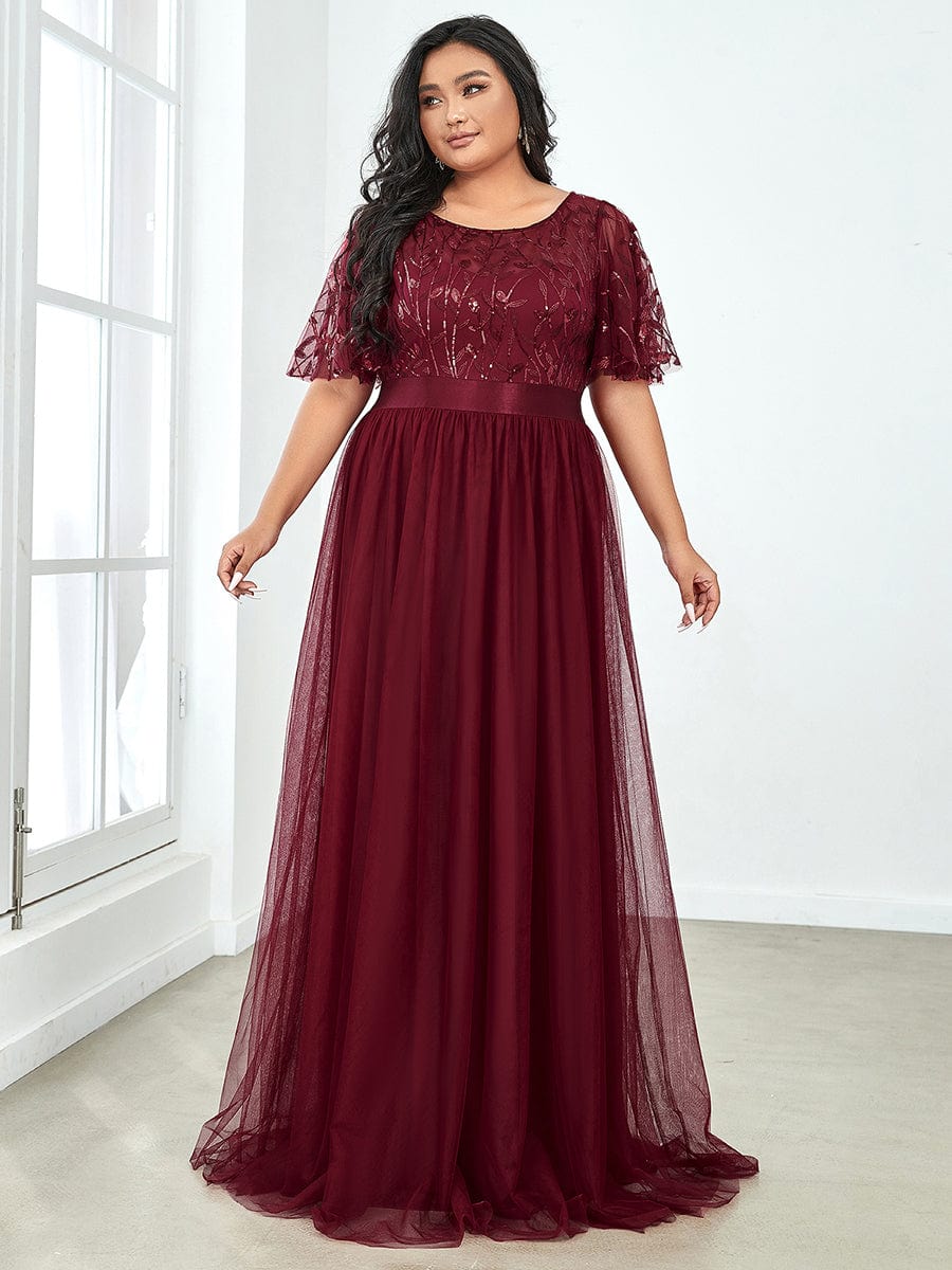 Sparkling Evening Gown with Frill Sleeves and Waistband Detail