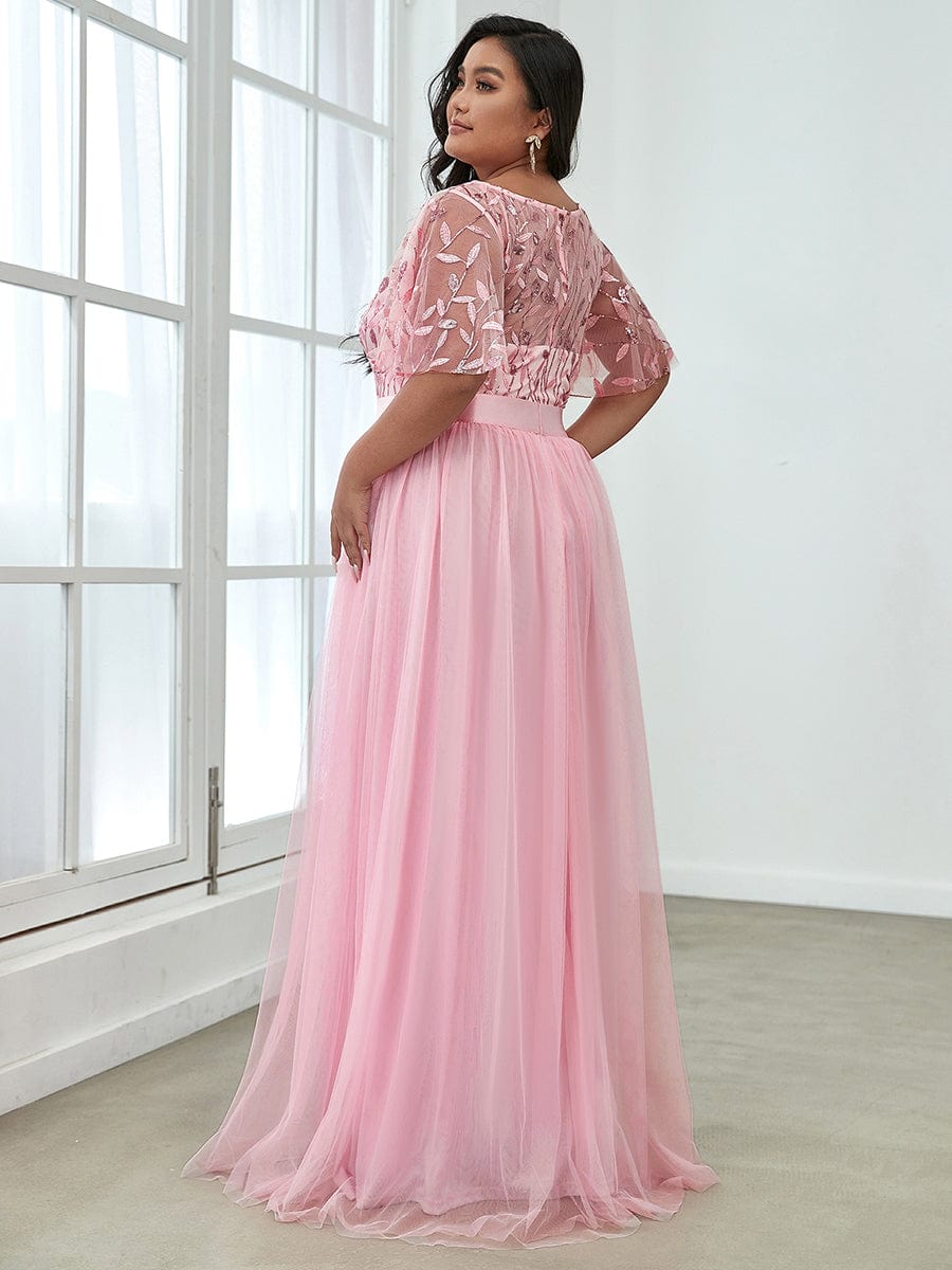 Sparkling Evening Gown with Frill Sleeves and Waistband Detail