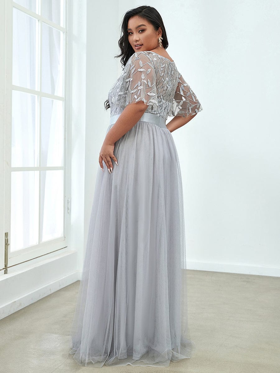 Sparkling Evening Gown with Frill Sleeves and Waistband Detail