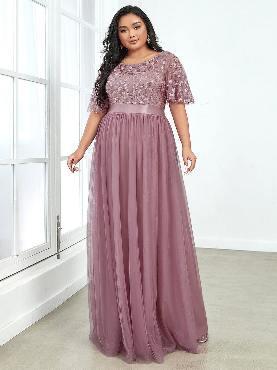 Sparkling Evening Gown with Frill Sleeves and Waistband Detail