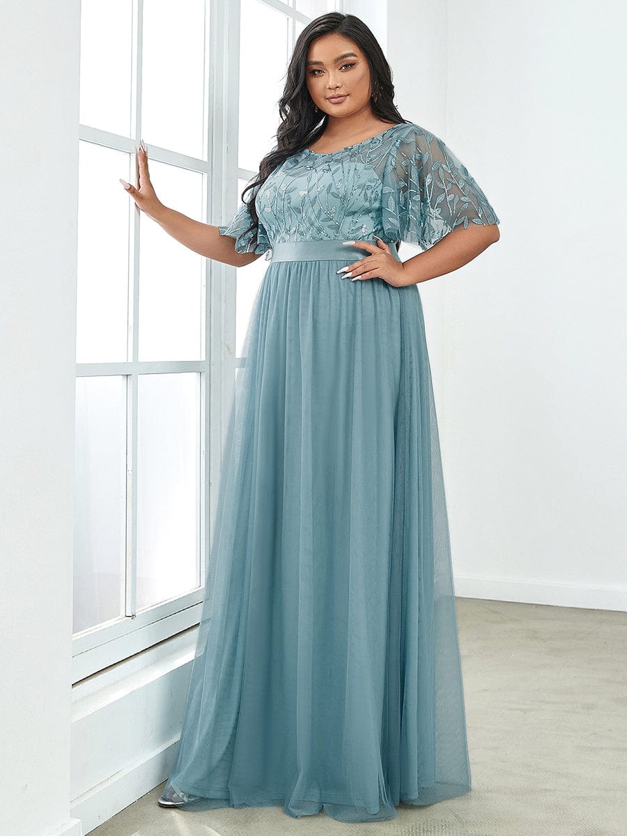 Sparkling Evening Gown with Frill Sleeves and Waistband Detail