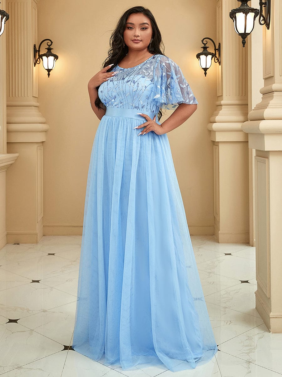 Sparkling Evening Gown with Frill Sleeves and Waistband Detail