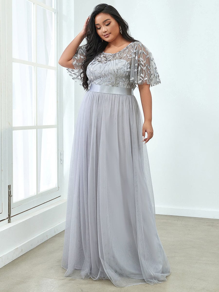 Sparkling Evening Gown with Frill Sleeves and Waistband Detail