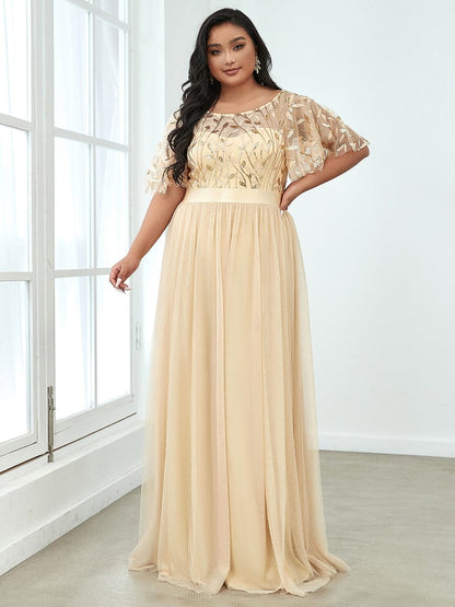 Sparkling Evening Gown with Frill Sleeves and Waistband Detail