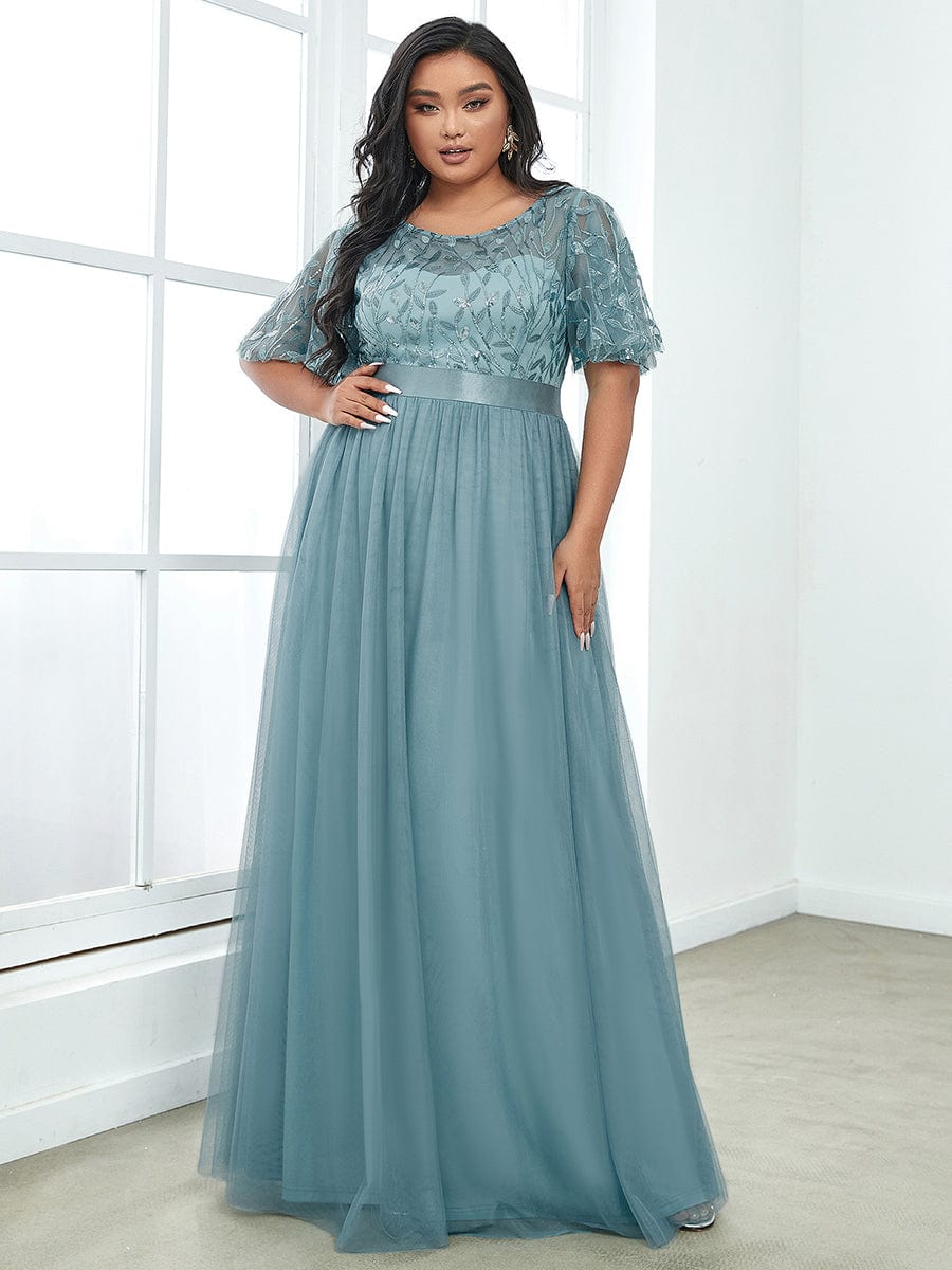 Sparkling Evening Gown with Frill Sleeves and Waistband Detail