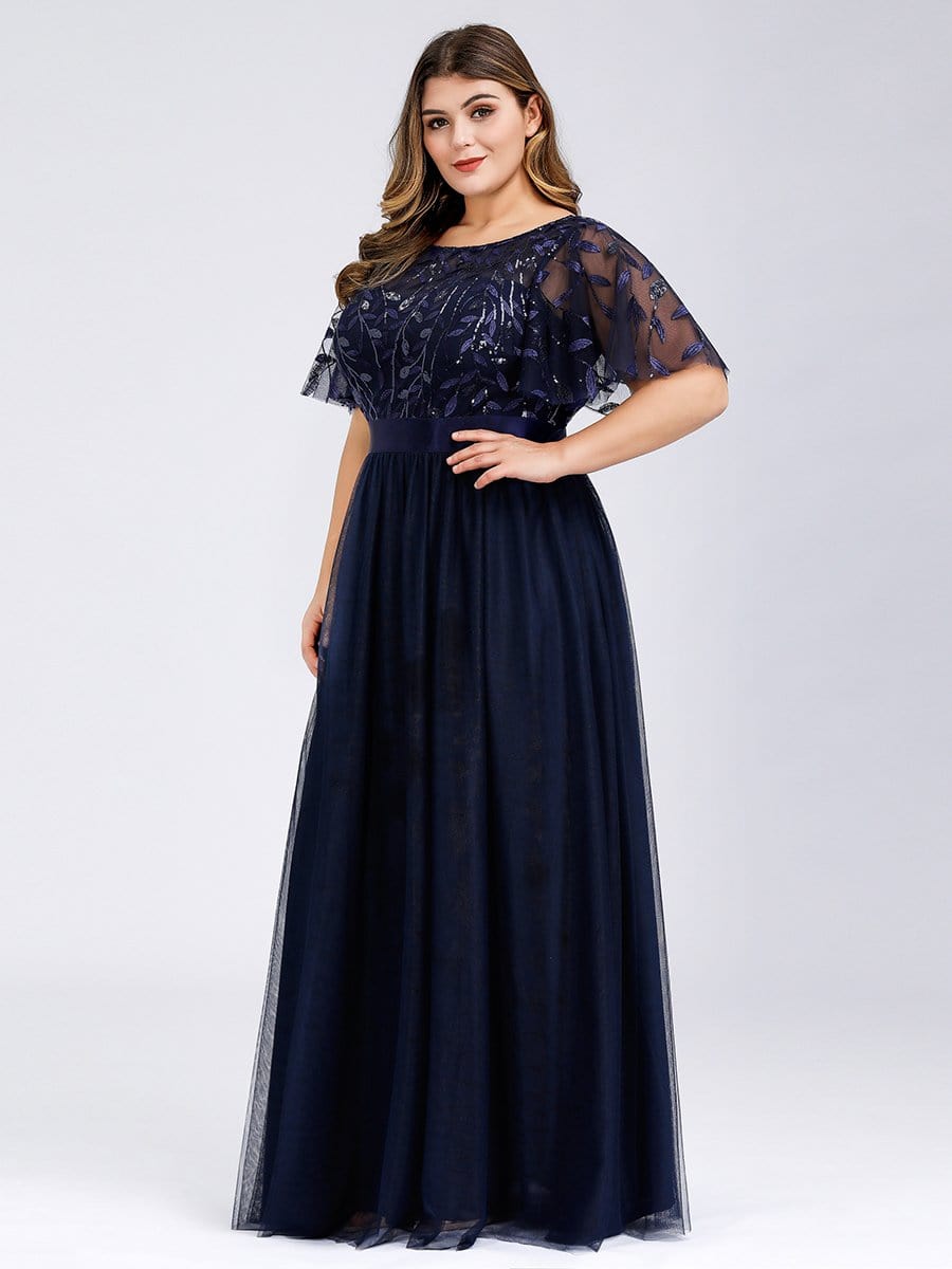 Sparkling Evening Gown with Frill Sleeves and Waistband Detail