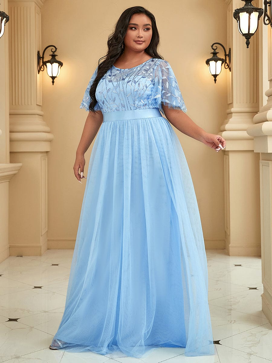 Sparkling Evening Gown with Frill Sleeves and Waistband Detail