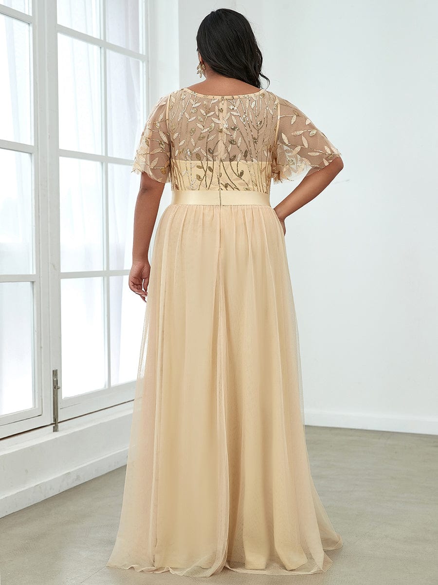 Sparkling Evening Gown with Frill Sleeves and Waistband Detail