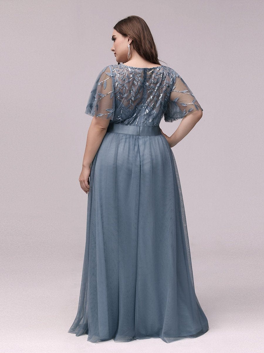 Sparkling Evening Gown with Frill Sleeves and Waistband Detail