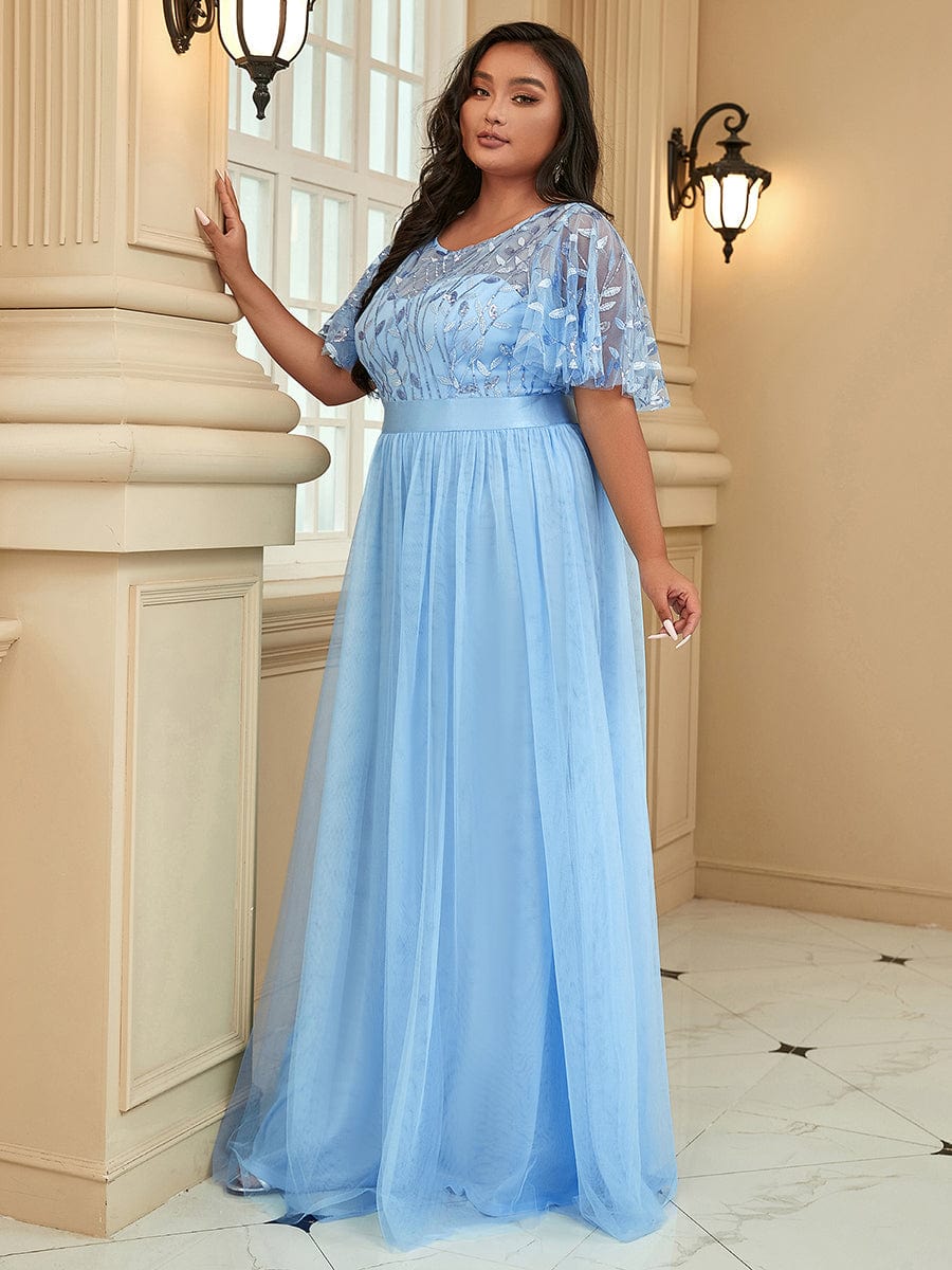 Sparkling Evening Gown with Frill Sleeves and Waistband Detail