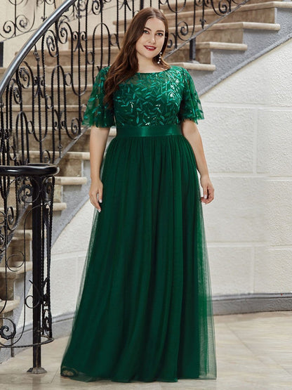 Sparkling Evening Gown with Frill Sleeves and Waistband Detail