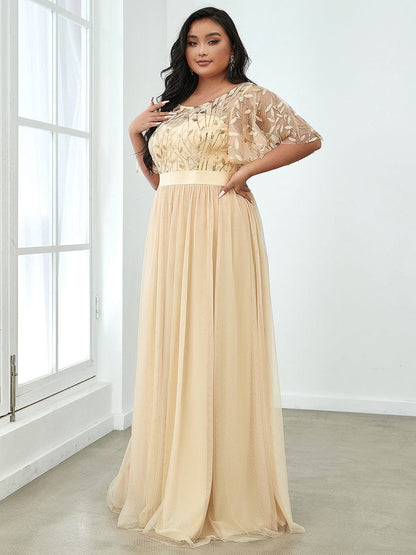 Sparkling Evening Gown with Frill Sleeves and Waistband Detail