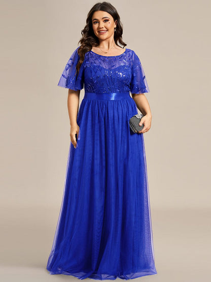 Sparkling Evening Gown with Frill Sleeves and Waistband Detail