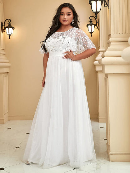 Sparkling Evening Gown with Frill Sleeves and Waistband Detail