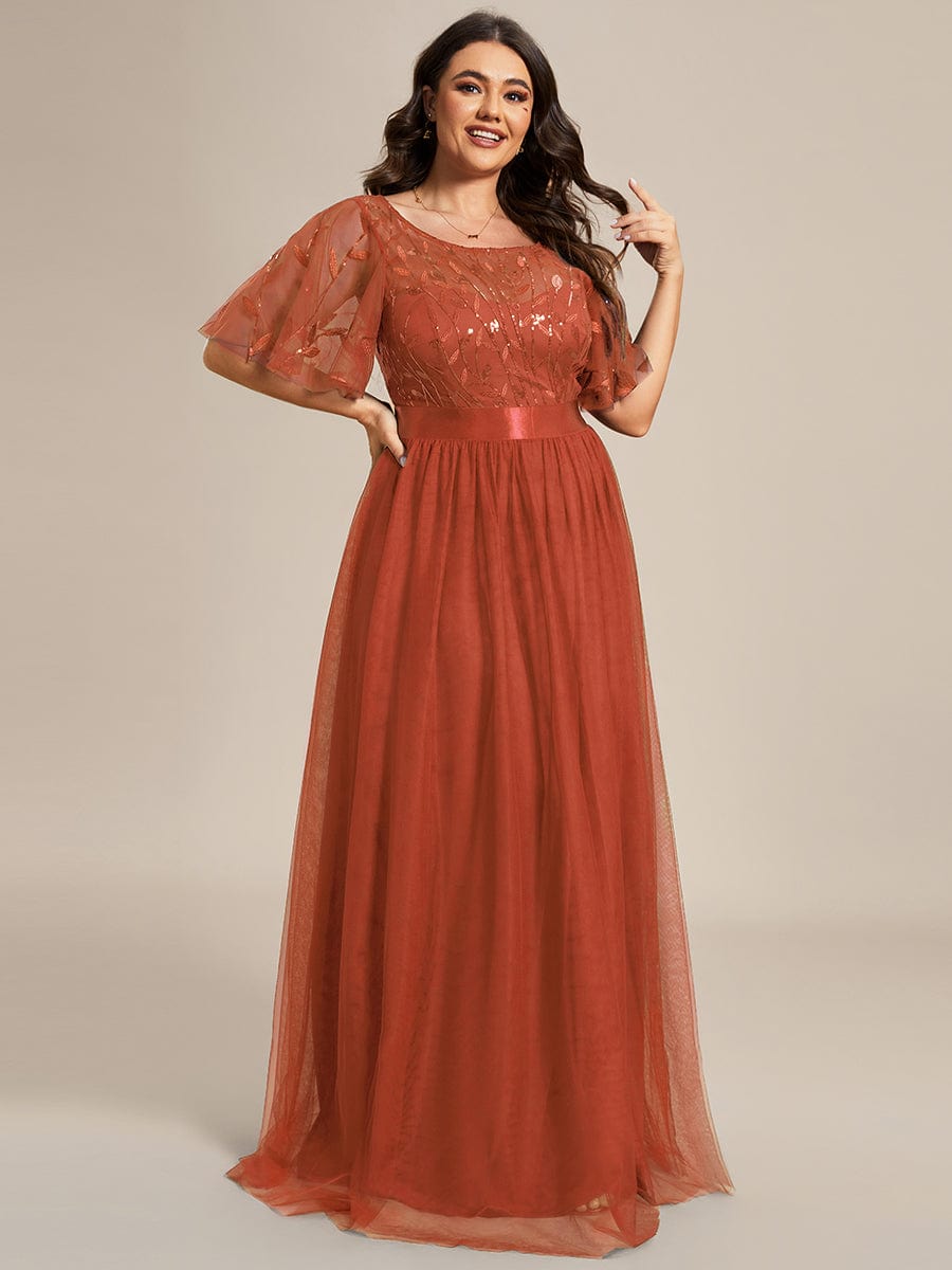 Sparkling Evening Gown with Frill Sleeves and Waistband Detail