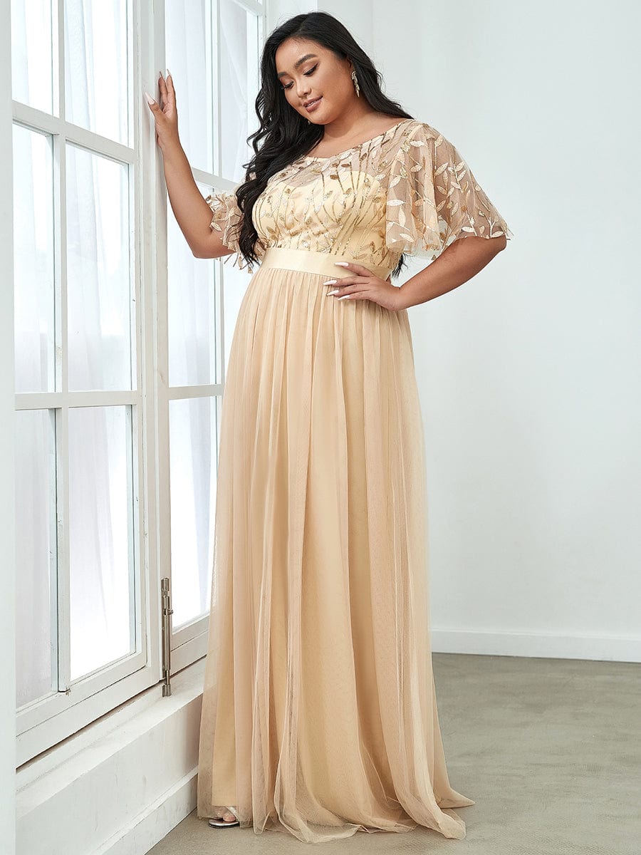 Sparkling Evening Gown with Frill Sleeves and Waistband Detail