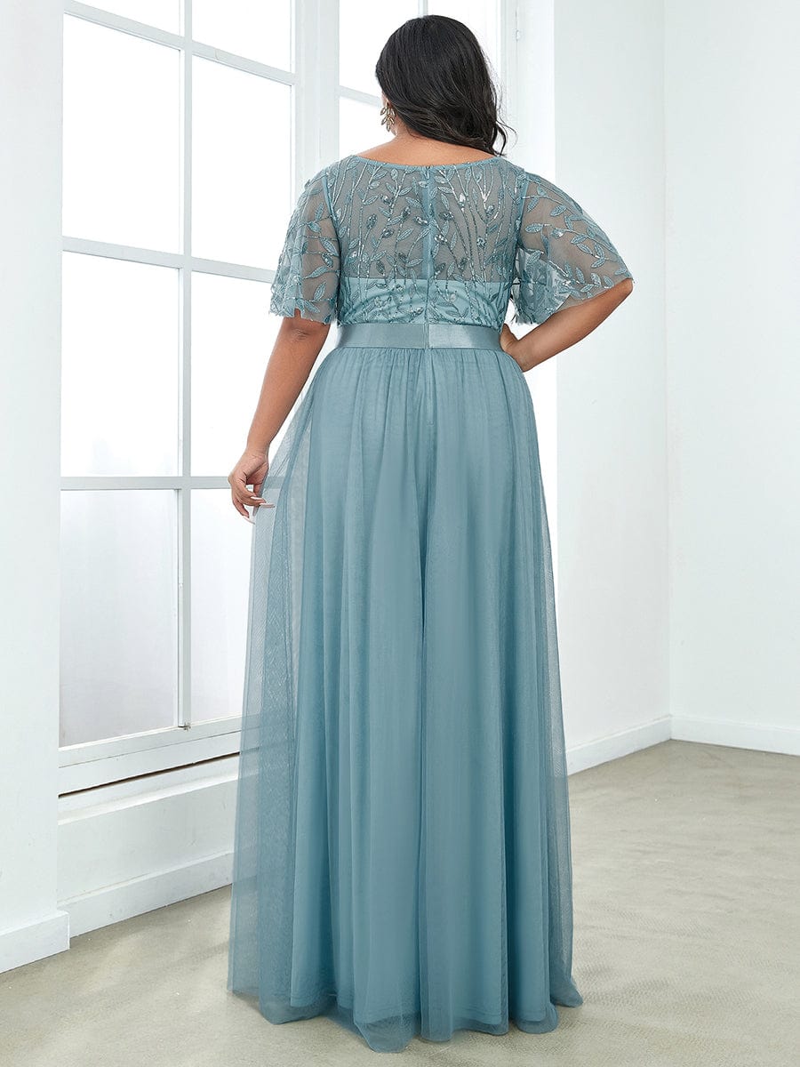 Sparkling Evening Gown with Frill Sleeves and Waistband Detail