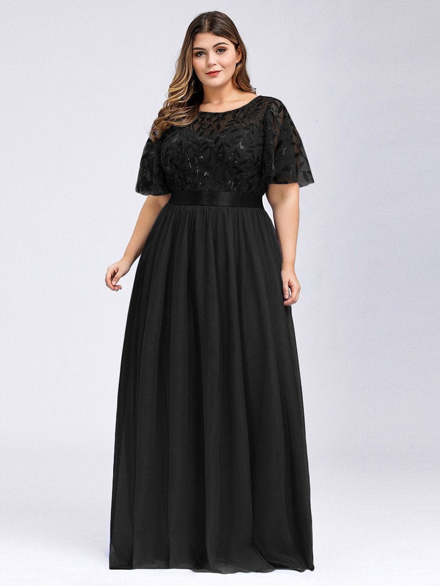 Sparkling Evening Gown with Frill Sleeves and Waistband Detail