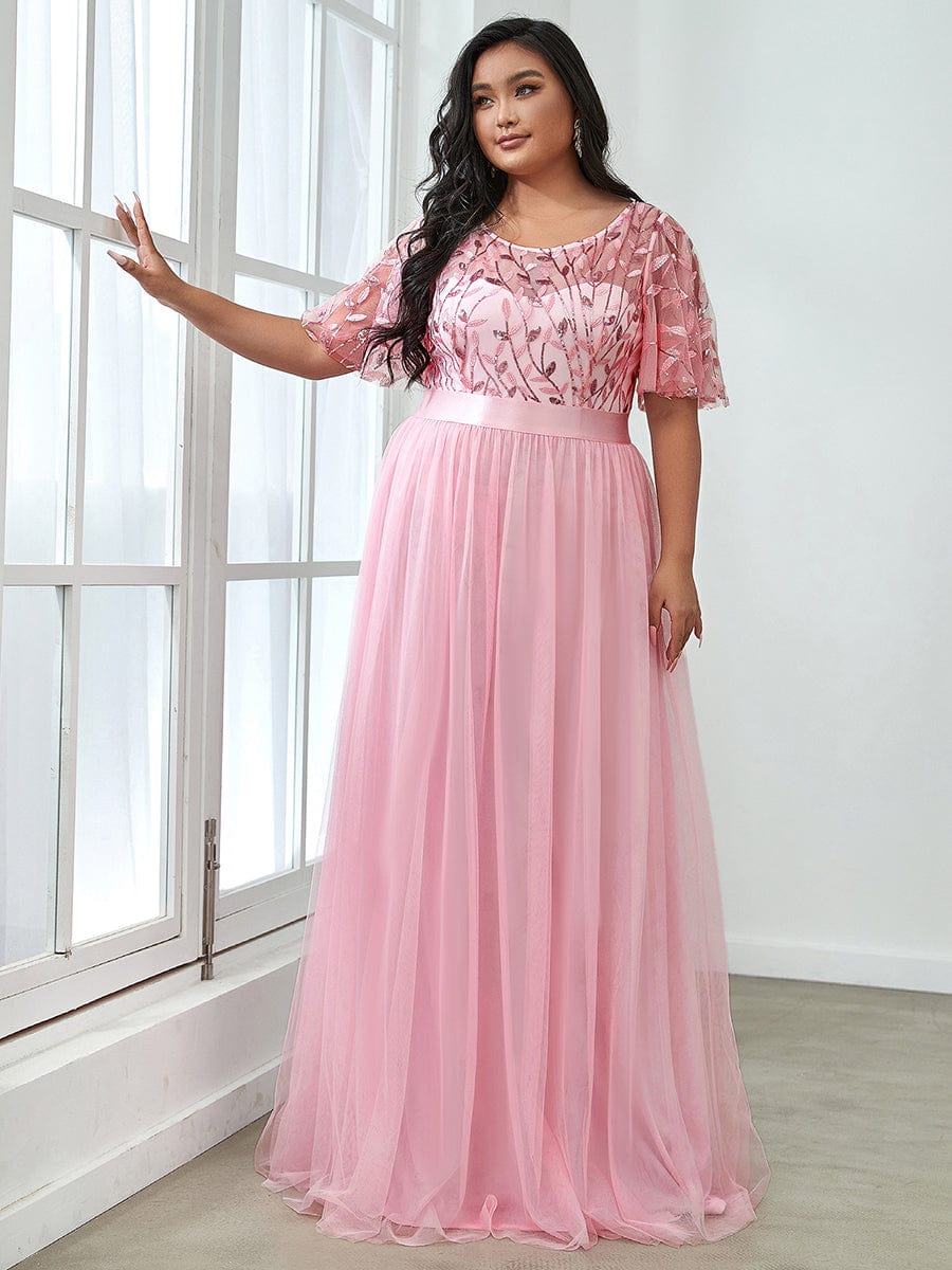 Sparkling Evening Gown with Frill Sleeves and Waistband Detail