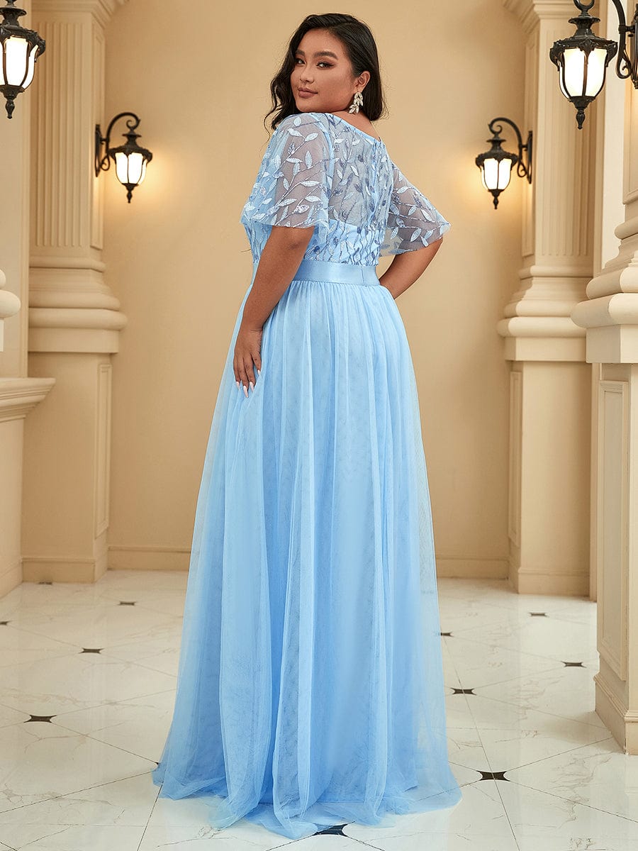 Sparkling Evening Gown with Frill Sleeves and Waistband Detail