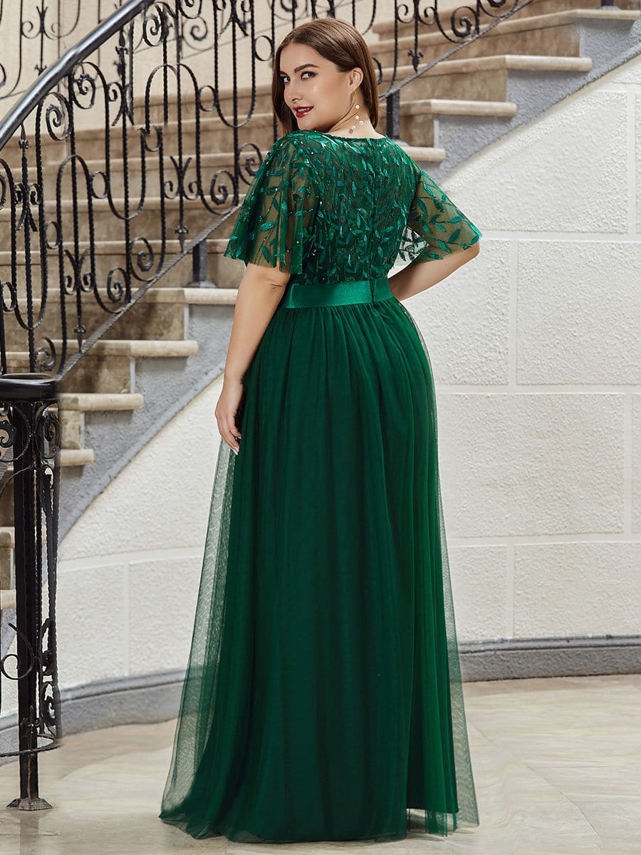 Sparkling Evening Gown with Frill Sleeves and Waistband Detail