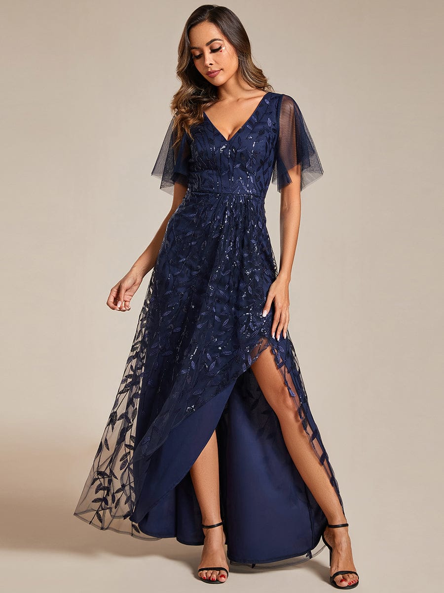 Sparkling Mesh High-Low V-Neck Midi Evening Gown With Short Sleeves