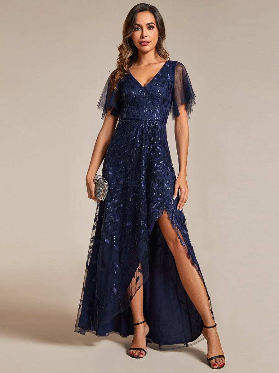 Sparkling Mesh High-Low V-Neck Midi Evening Gown With Short Sleeves