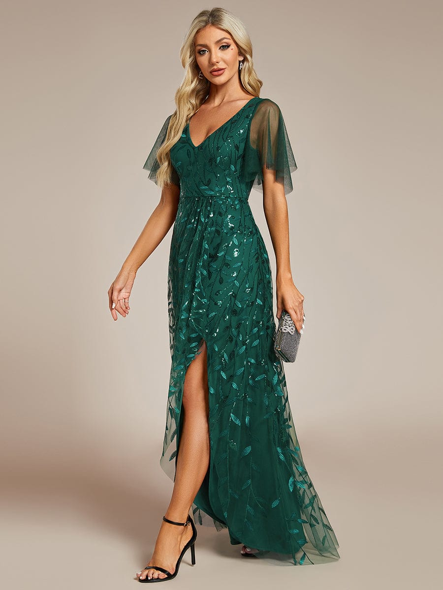 Sparkling Mesh High-Low V-Neck Midi Evening Gown With Short Sleeves