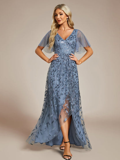 Sparkling Mesh High-Low V-Neck Midi Evening Gown With Short Sleeves