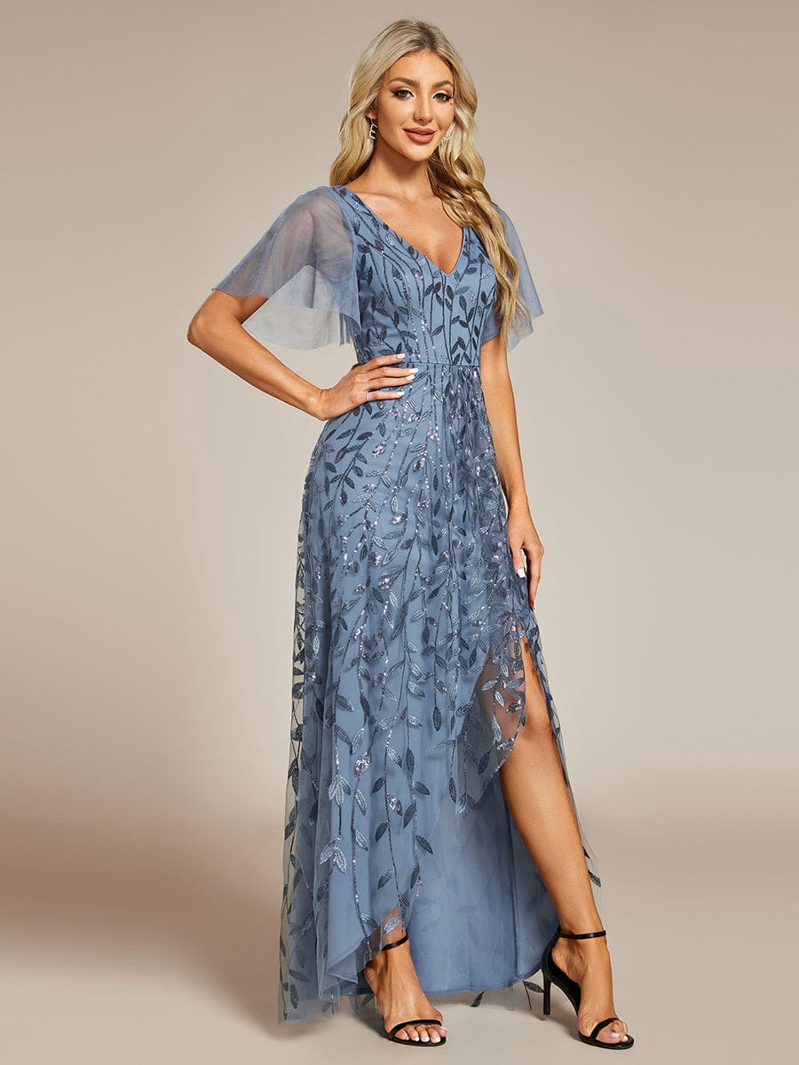 Sparkling Mesh High-Low V-Neck Midi Evening Gown With Short Sleeves