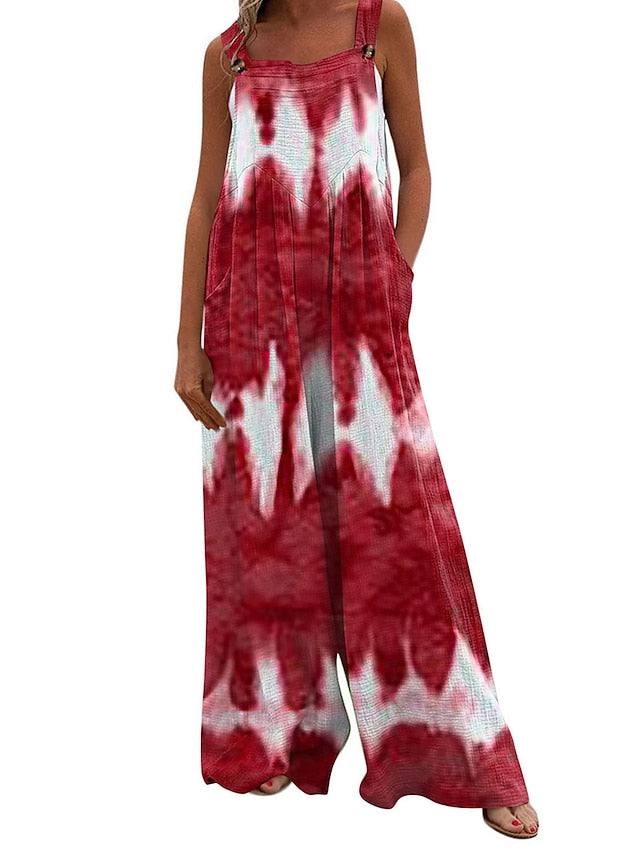 Women's Jumpsuit Button Print Tie Dye Square Neck Streetwear Daily Vacation Wide Leg Loose Fit Sleeveless Black Wine Red S M L Summer - LuckyFash™