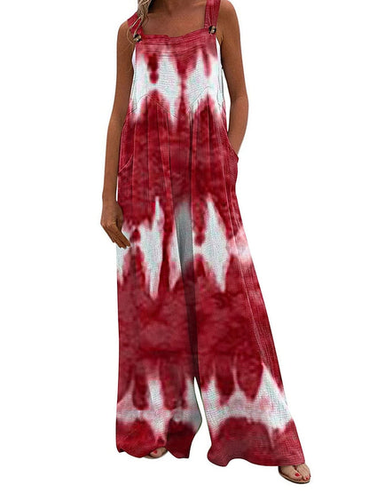 Women's Jumpsuit Button Print Tie Dye Square Neck Streetwear Daily Vacation Wide Leg Loose Fit Sleeveless Black Wine