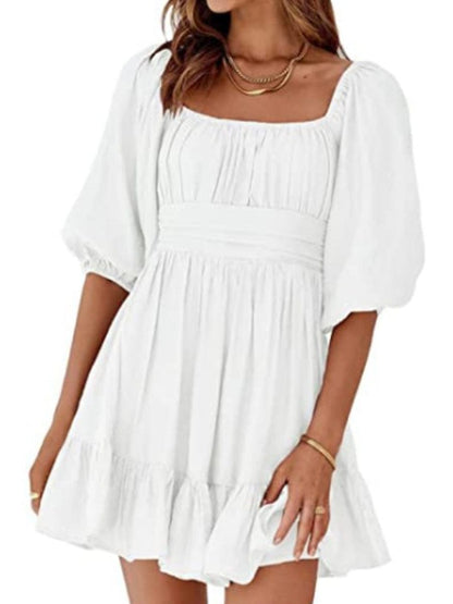 Square Neck Lantern Sleeve Tie Backless Ruffle A-Line Casual Mini Dress