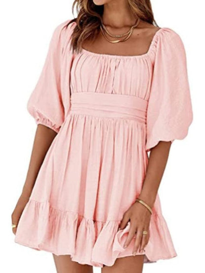 Square Neck Lantern Sleeve Tie Backless Ruffle A-Line Casual Mini Dress