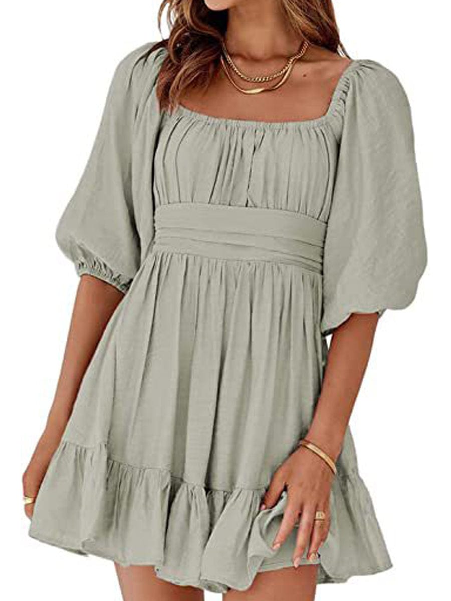 Square Neck Lantern Sleeve Tie Backless Ruffle A-Line Casual Mini Dress