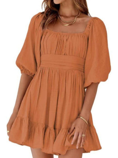 Square Neck Lantern Sleeve Tie Backless Ruffle A-Line Casual Mini Dress