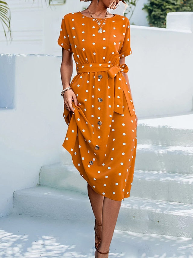 Women's Casual Dress Summer Dress PolkaÂ DotÂ Dress Polka Dot Lace up Print Crew Neck Midi Dress Fashion Streetwear Outdoor Date Short Sleeve Regular Fit Black Yellow Pink Summer Spring S M L XL - LuckyFash™