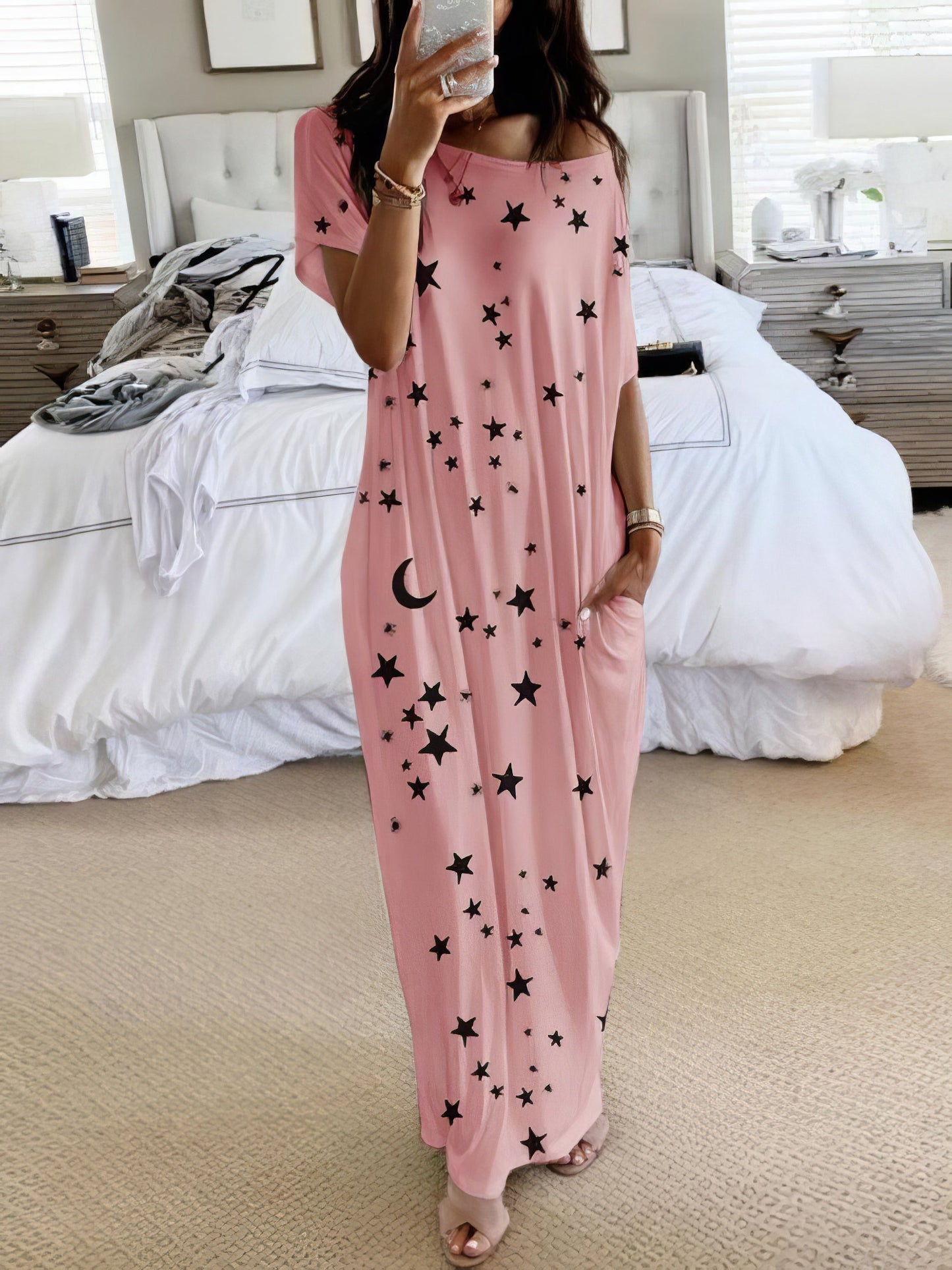 Maxi Dresses - Star And Moon Print Short Sleeve Maxi Dress - MsDressly