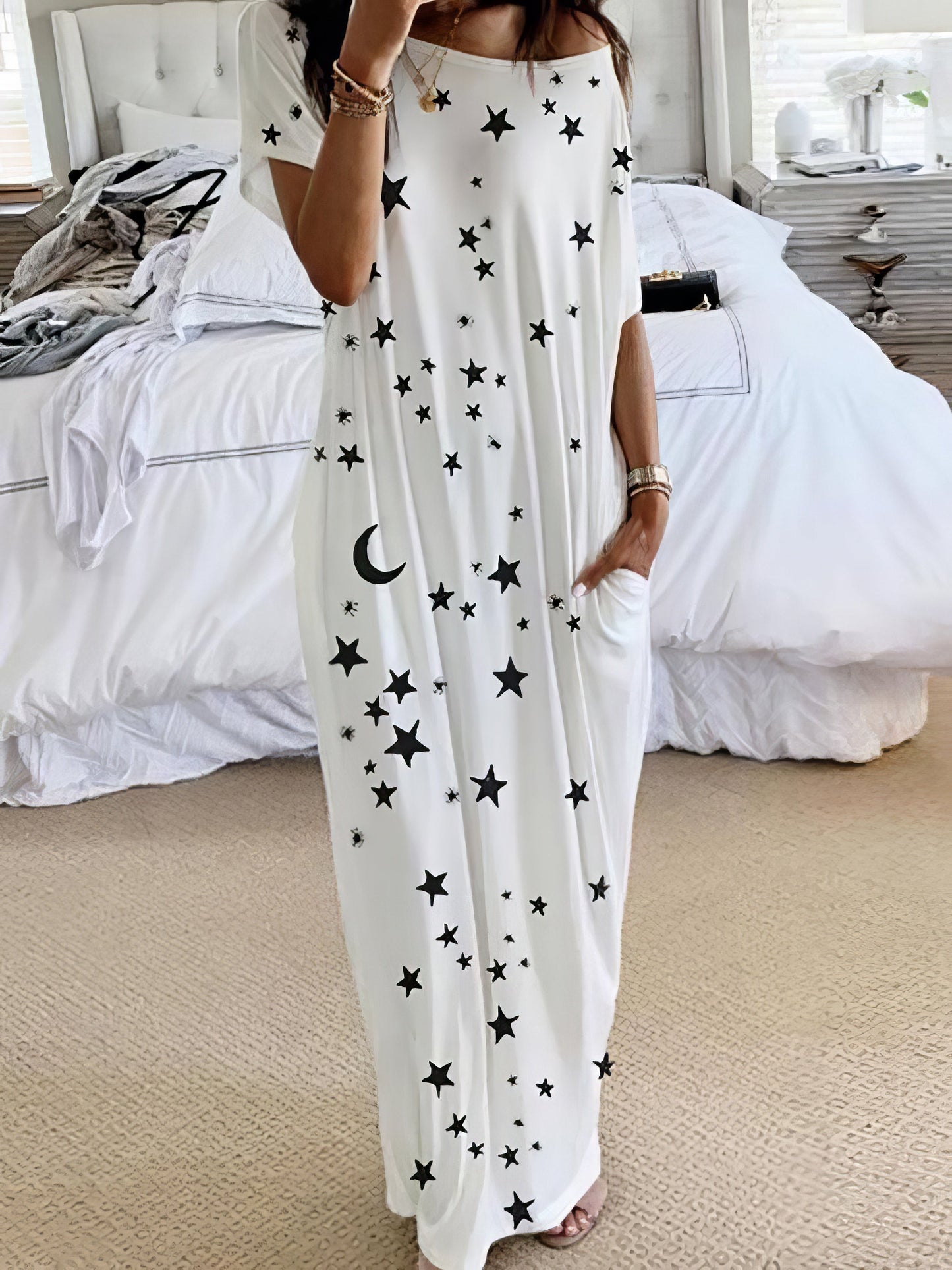 Maxi Dresses - Star And Moon Print Short Sleeve Maxi Dress - MsDressly