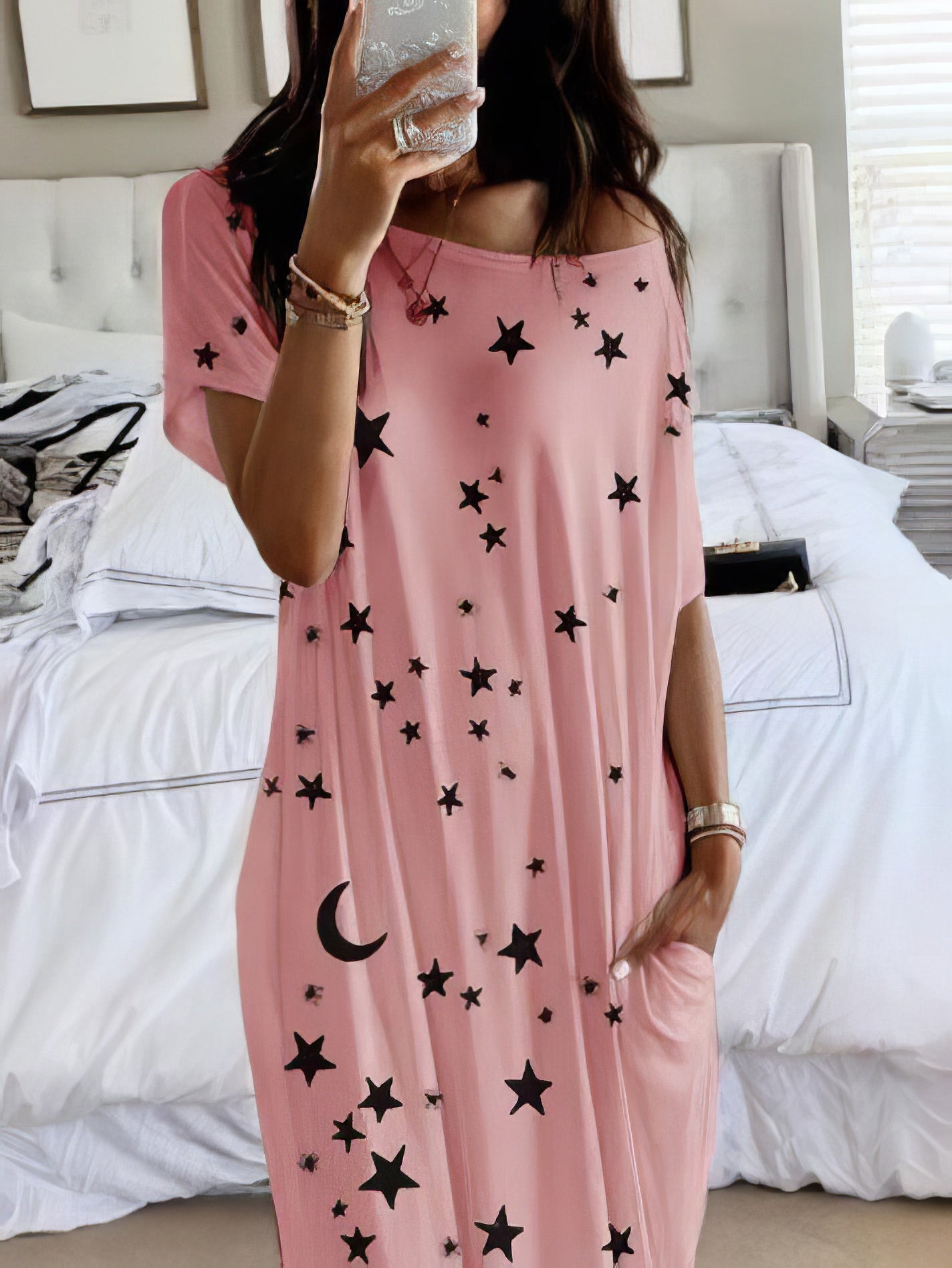 Maxi Dresses - Star And Moon Print Short Sleeve Maxi Dress - MsDressly