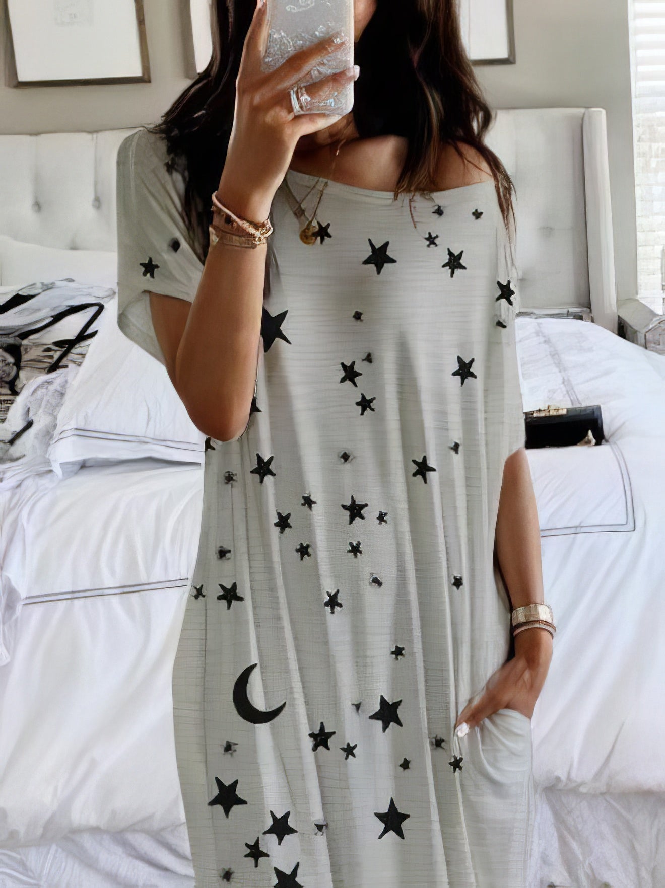 Maxi Dresses - Star And Moon Print Short Sleeve Maxi Dress - MsDressly