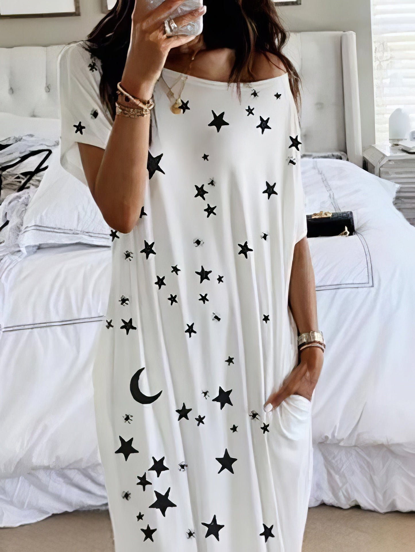 Maxi Dresses - Star And Moon Print Short Sleeve Maxi Dress - MsDressly