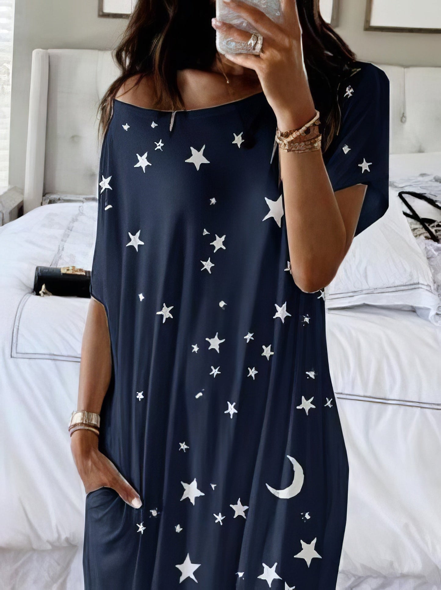 Maxi Dresses - Star And Moon Print Short Sleeve Maxi Dress - MsDressly