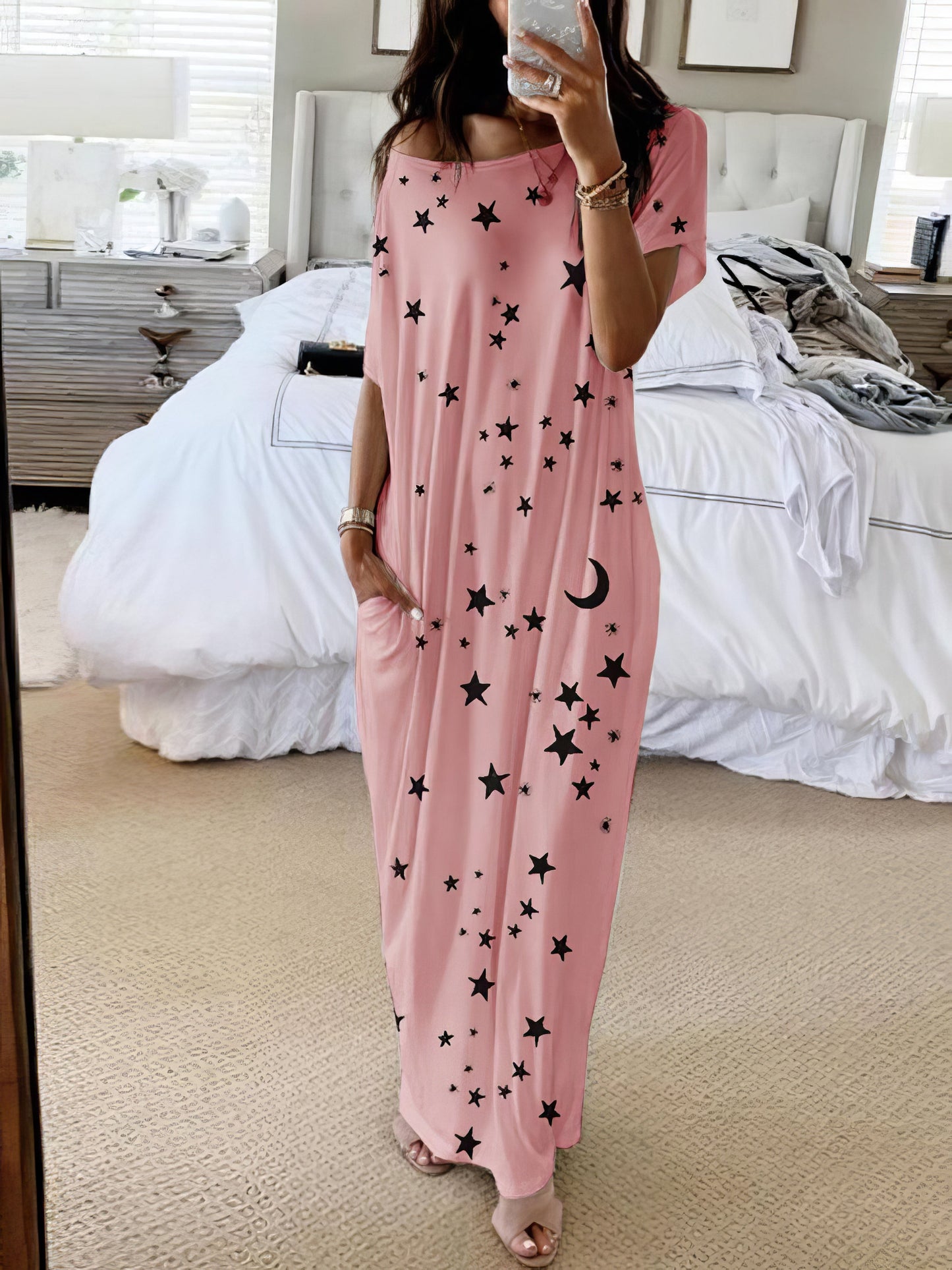 Maxi Dresses - Star And Moon Print Short Sleeve Maxi Dress - MsDressly