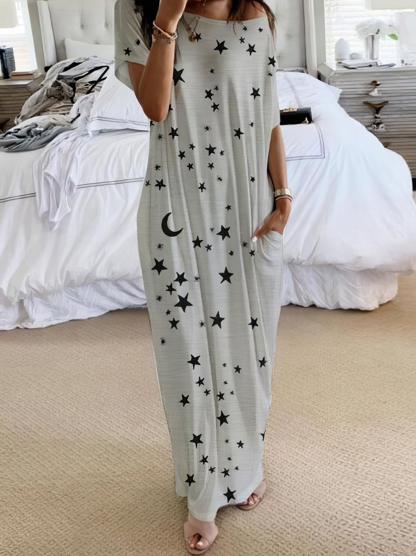 Maxi Dresses - Star And Moon Print Short Sleeve Maxi Dress - MsDressly