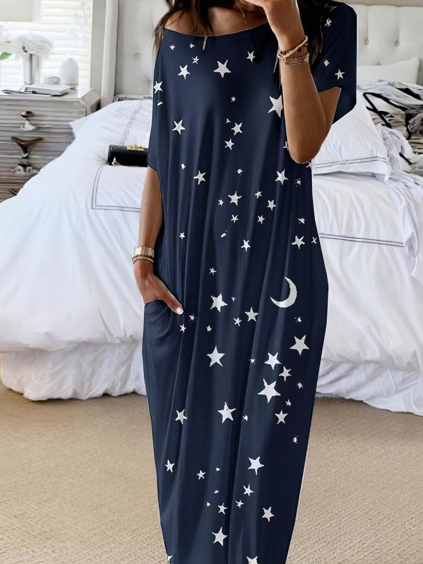 Maxi Dresses - Star And Moon Print Short Sleeve Maxi Dress - MsDressly